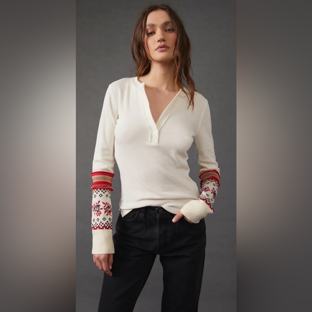Free People Mikah Layering Cuff Thermal Top XS Cream Combo Split Neck Boho EUC